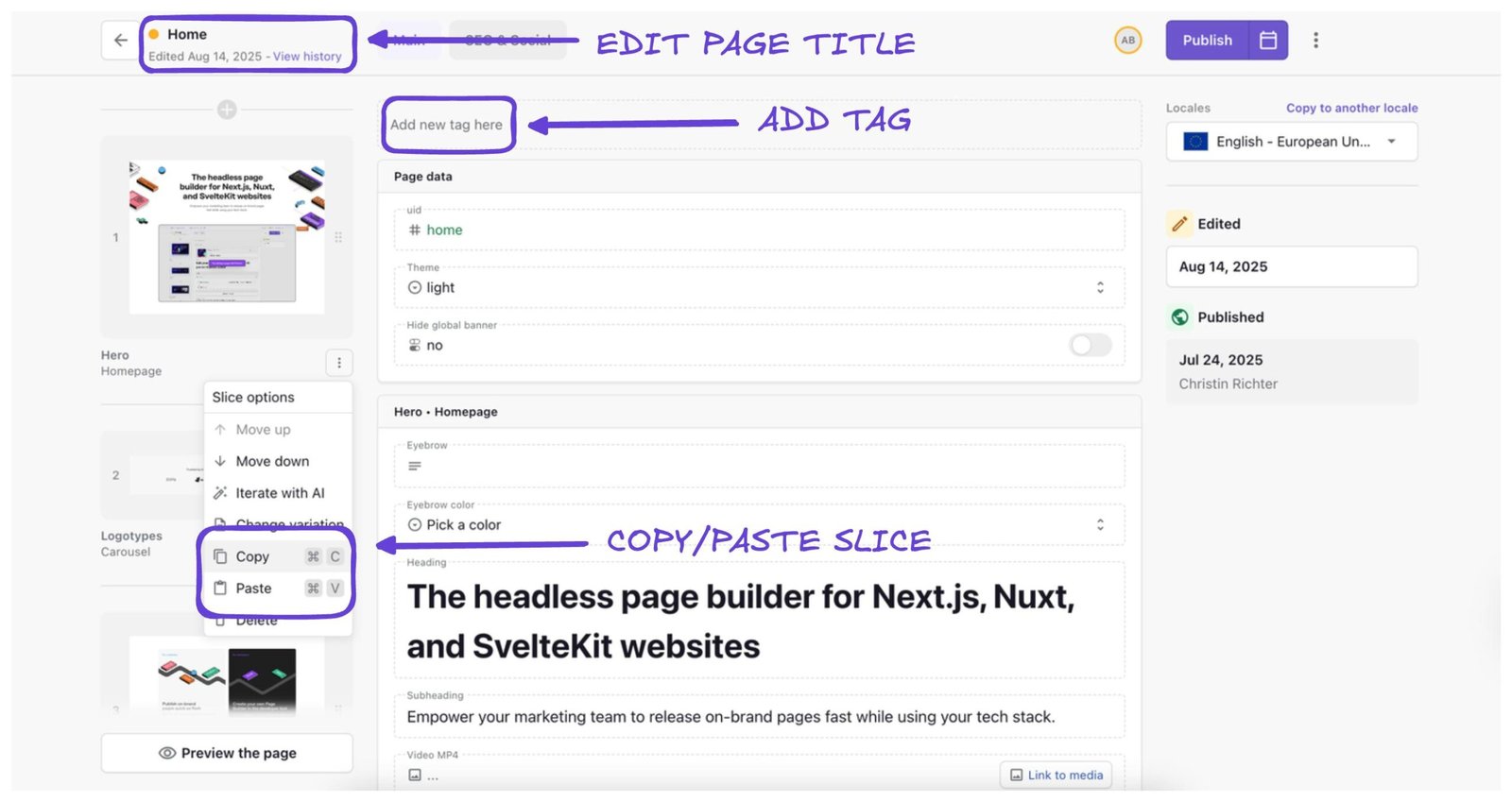 An image of features in the Page Builder