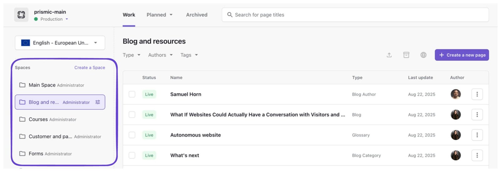 An image of spaces in the Page Builder