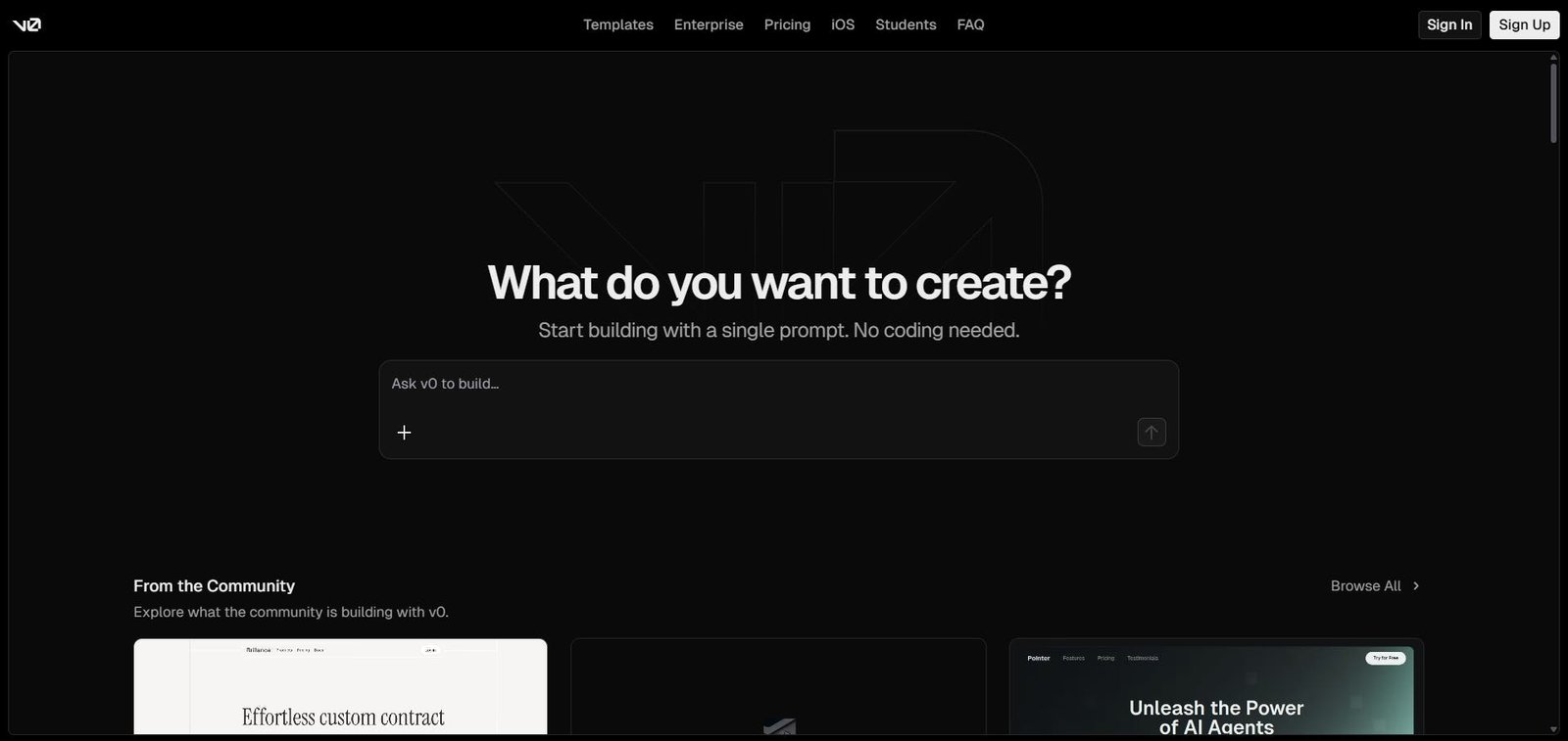An image of v0 homepage
